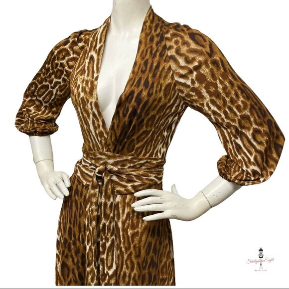 YIGAL AZROUEL Stretch Jersey Deep V Plunge Dress Leopard Ruched Sash Waist XS - Picture 5 of 15